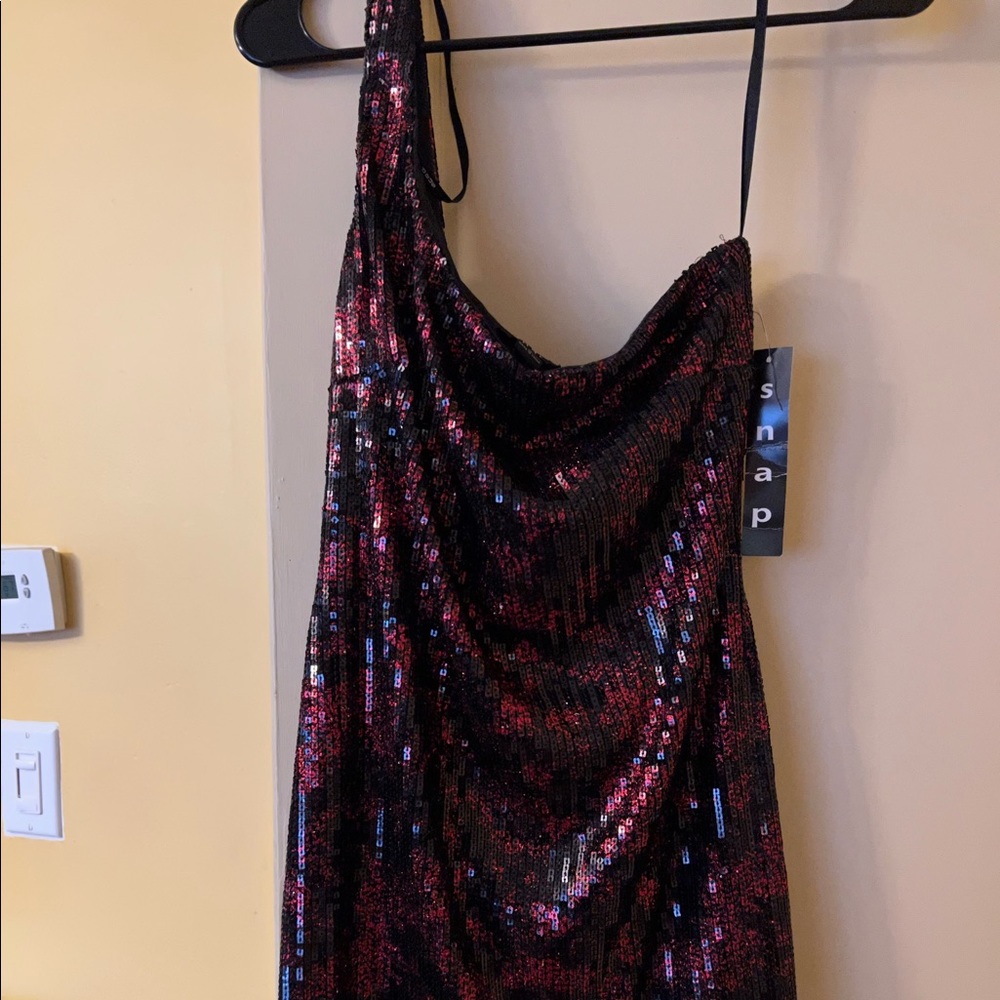 Sequin Red & Black Stretchy One Shoulder Mini Dress
